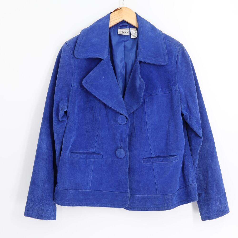 Chicos Cobalt Blue Suede Leather Collared Blazer Coat Jacket Sz 1 M Y2K